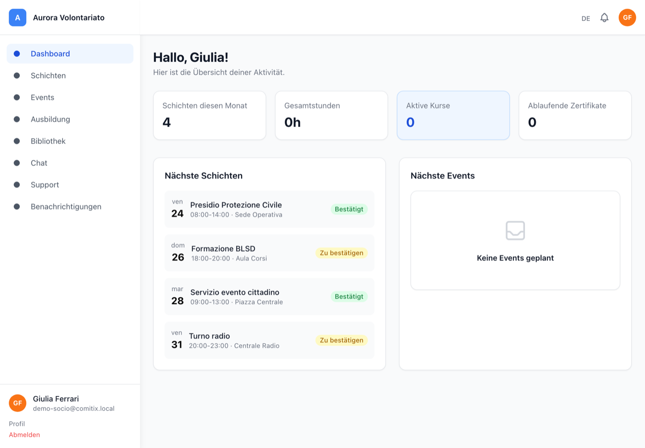 Dashboard der Mitglieder-App
