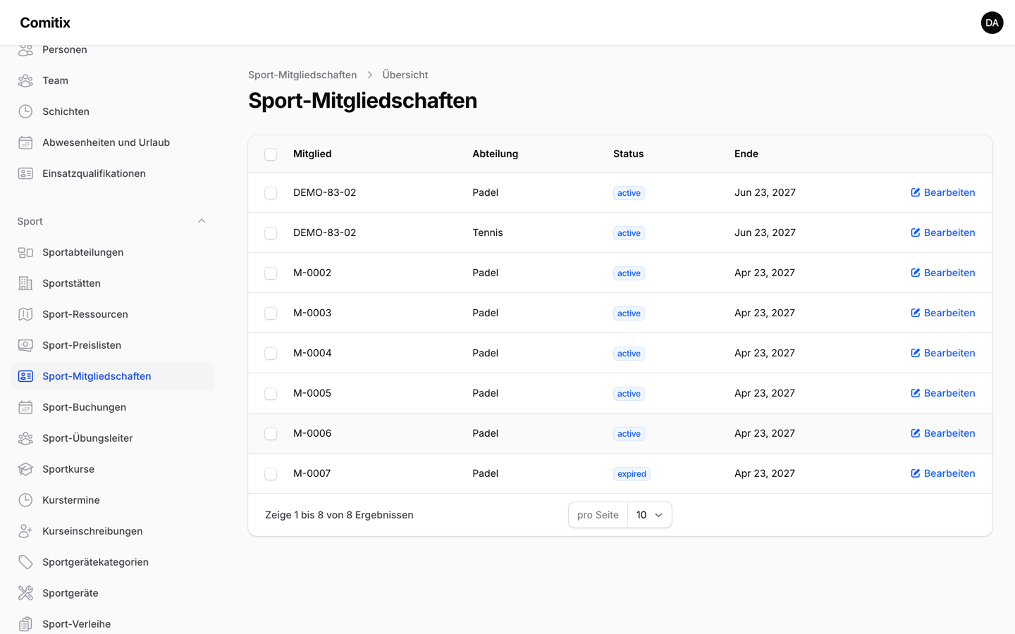 Mitgliedschaftsliste im Comitix-Panel