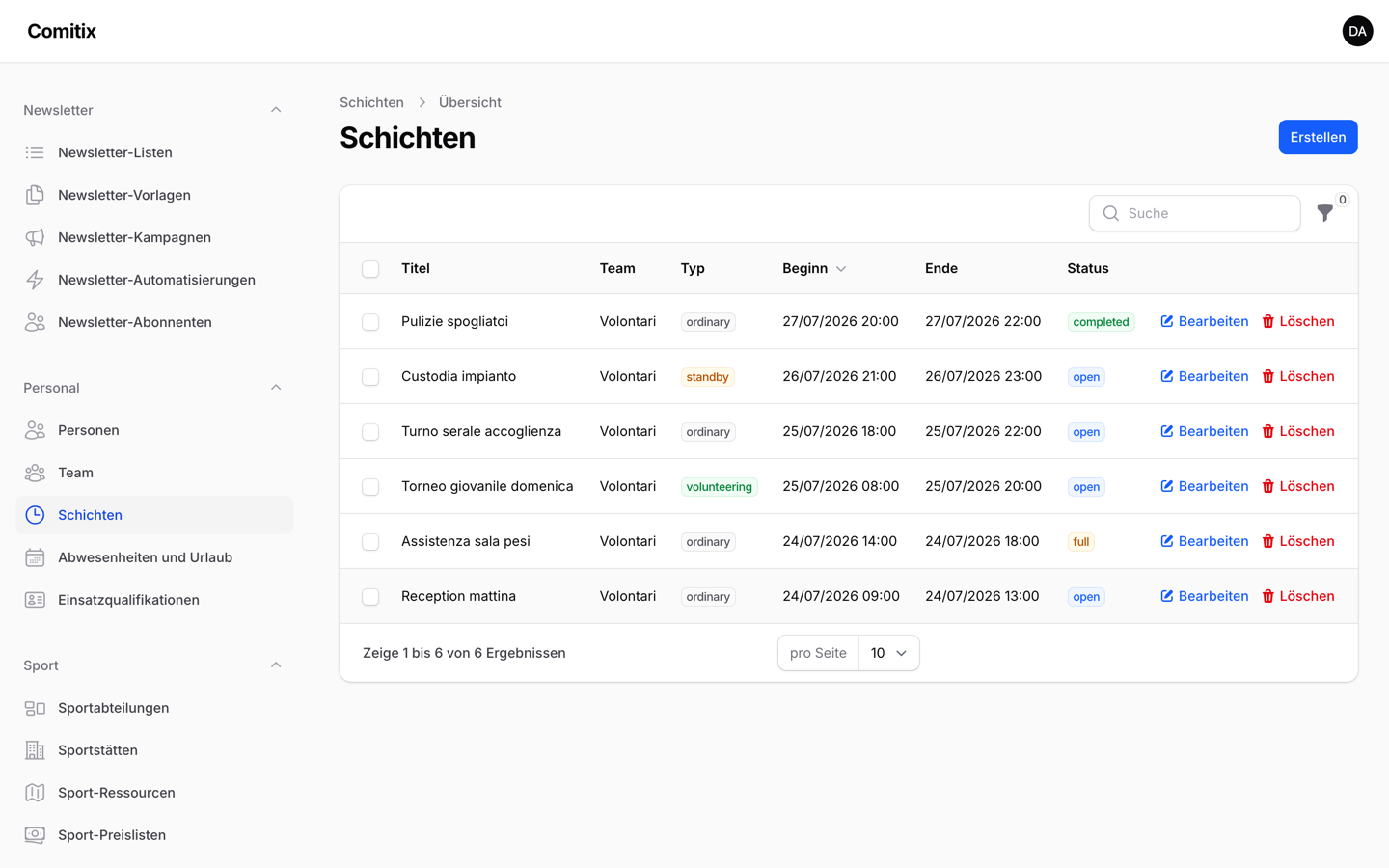Wochenraster der Schichten mit zugeteilten Ehrenamtlichen